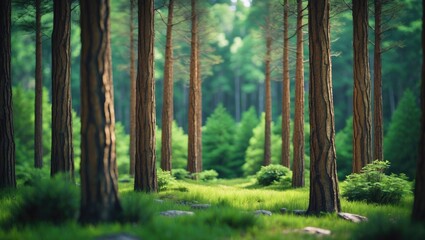 Obraz premium A forest scene featuring pine trees and green grass on either side.