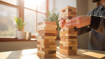 Business concept with a hand carefully placing a wooden toy block on a tower reflects the idea of risk management in investing. Leadership, Jenga, Strategy, Business, Planning, Growth, Success