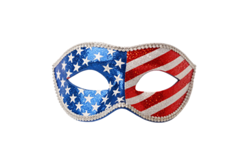 Patriotic American flag masquerade mask with blue stars and red white stripes, isolated on a transparent background