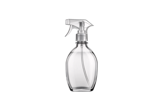 Transparent glass trigger spray bottle with silver pump dispenser for household cleaning, isolated on a transparent background