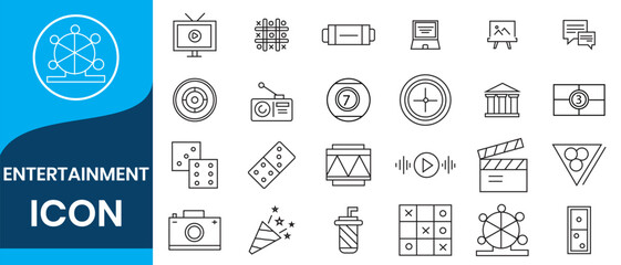 Entertainment icon set. Entertainment and arts icon collection. Contains such Icons as theater, cinema, video, dance, game, music arts, photo and more. Vector illustration