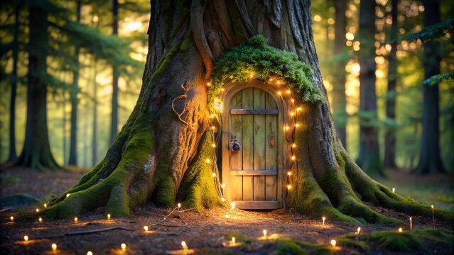 Tiny door at the base of a tree with fairy lights