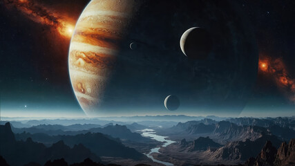 rendering of an extrasolar planet and its moons