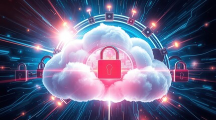 digital cloud surrounded by locks, shields, and fortifications. Secure cloud computing concept