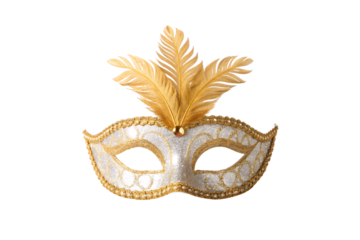 Elegant golden venetian mask adorned with decorative feathers and intricate metallic detailing, isolated on a transparent background