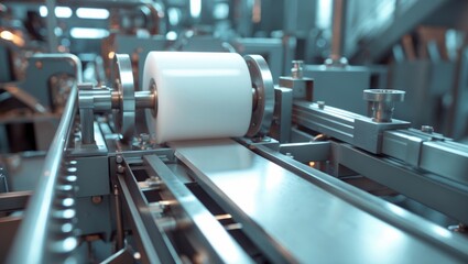 A machine employed in paper production utilizes a roll of paper and a roll of plastic.