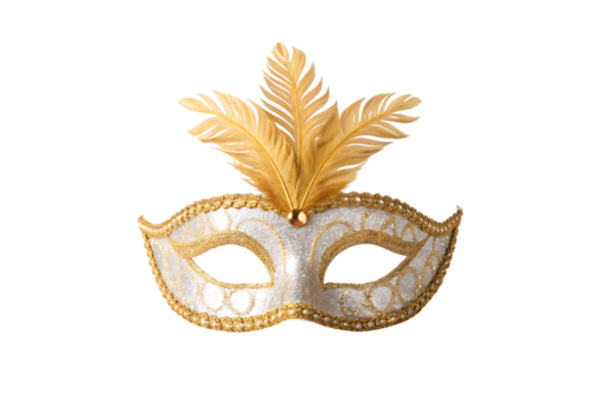 Elegant golden venetian mask adorned with decorative feathers and intricate metallic detailing, isolated on a transparent background