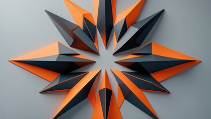 Fototapeta premium A geometric arrangement showcasing a central starburst pattern composed of orange and black triangles on a gray background.