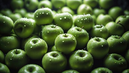 A close-up of a large number of green ripe apples.