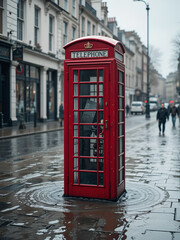Obraz premium A quaint red telephone box stands in a flooded street, evoking resilience and nostalgia amidst challenging weather conditions.