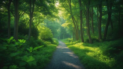Obraz premium A hiking trail passing through Old Heverlee forest near Leuven, Belgium, on a bright summer day.