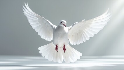 Obraz premium A free-flying white dove set against a black background. Bird of peace. Pigeon mail.