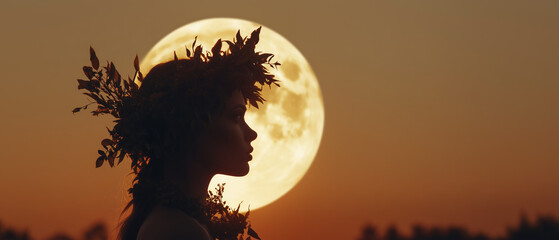 profile of a natural slavic witch, a woman model in floral wreath on full-moon background; concept of tradition, summer party, festivals & events; copy space