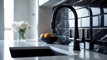 A kitchen sink feature featuring a white cabinet, black faucet, and black marble subway tile backsplash.