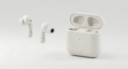 White Wireless Earbuds with Open Charging Case on Plain Background