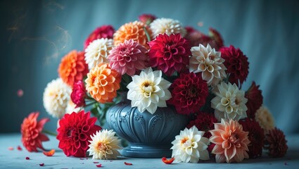 Obraz premium A sizable bouquet of vibrant dahlias arranged in a large vase.