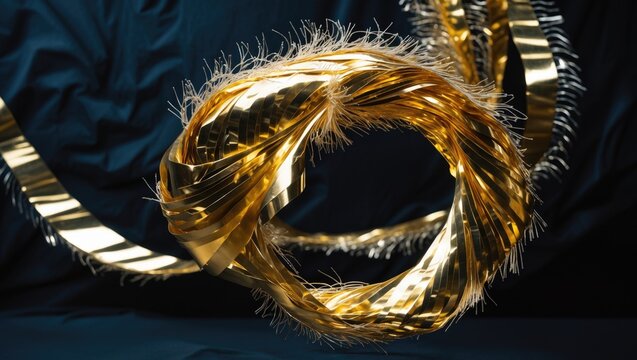 A golden streamer descends against a dark background. A winding spiral in motion. Party design.