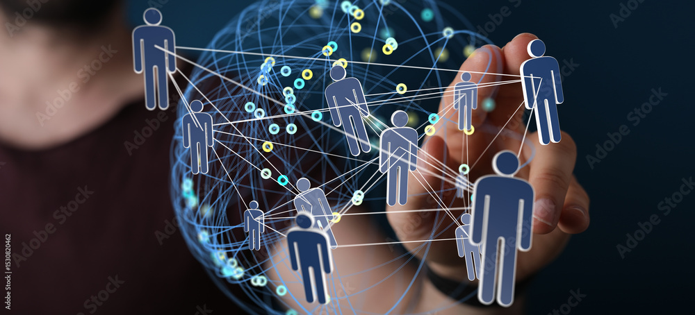 Aufkleber Image of a hand interacting with a network of people, representing global connection and teamwork.