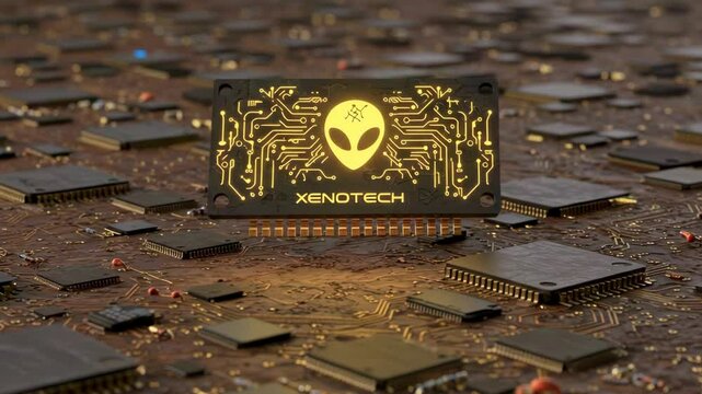 Futuristic circuit board with an alien-themed chip surrounded by microprocessors in a tech setting