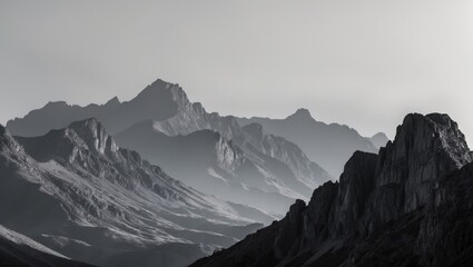 Obraz premium A group of silhouetted mountains in black and white, featuring rocky landscapes and hills contrasted against a white background.