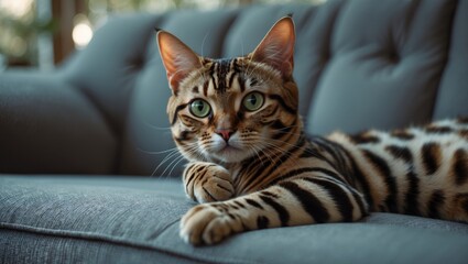 A Bengal cat, known for its laziness, lounges on a gray sofa with space available for writing.