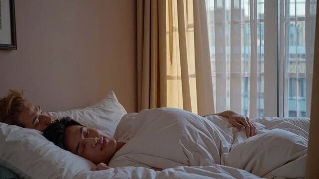 Young Asian gay couple sleep together at home. Teen korean LGBTQ men happy relax rest lying on bed in bedroom at house in the morning.