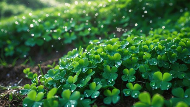A vibrant green clover plant with shimmering water droplets in a natural outdoor environment. - Powered by Adobe