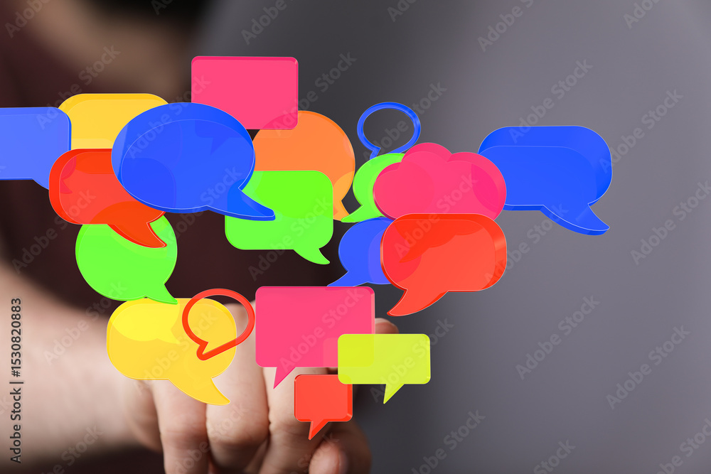 Poster Abstract image of colorful speech bubbles symbolizing communication, conversation, and brainstorming.