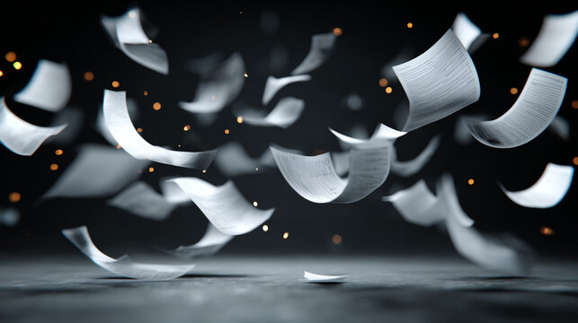 A multitude of white papers floating in a dark space with small orange lights scattered around them.