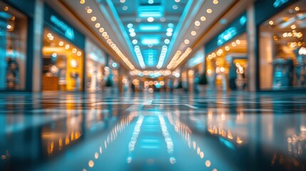 Exploring the bright modern retail environment of a blurred shopping mall interior