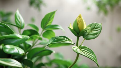 Obraz premium A green jackfruit tree shoot is shown emerging from its pointed sheath, as captured through macro photography techniques.