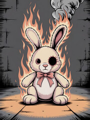 A haunting illustration features a worn, one-eyed teddy bear bunny on fire, engulfed in flames and smoke against a desolate, grunge-textured background