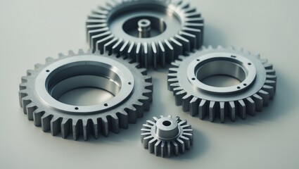 A set of four interconnected metal gears separated from the background, placed on a white surface.