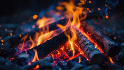A radiant campfire displaying vivid flames and burning wood, emitting warmth and illumination.