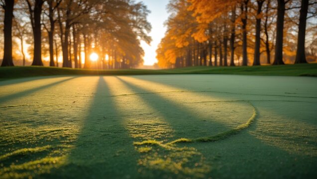 A golf course green at sunrise, featuring frosted grass and golden trees creating long shadows. - Powered by Adobe