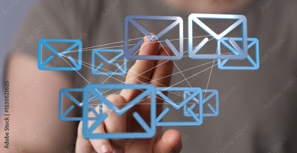 Poster image depicting a network of email icons, symbolizing global communication and digital connectivity.
