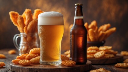 A glass and bottle of beer alongside fried potatoes and spicy chicken floss in the background, with a mug of beer featured in the front for food and drinking advertising.