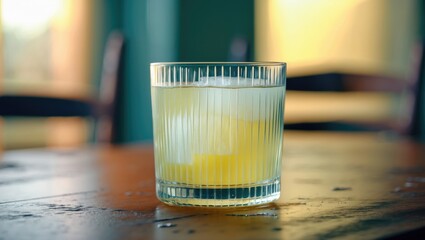 A glass of lemonade with mint and citrus placed on a rustic table illuminated by sunlight.