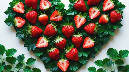 Isolated fresh strawberries arranged in a heart shape on foliage.