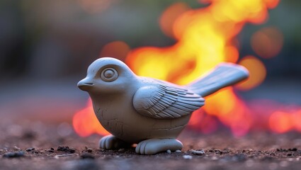 A handmade ceramic bird figurine showcased against a gently blurred background of warm firelight.