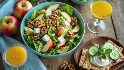 A fresh salad featuring feta, walnuts, apples, crackers, cucumber, and sauce, served with a glass of juice