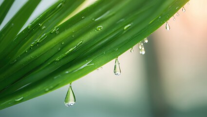 A water drips against a backdrop of a green palm leaf, providing a clean and natural setting.