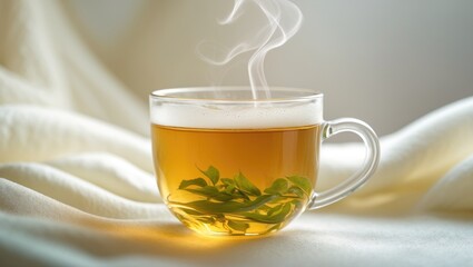 A glass cup containing hot green tea.