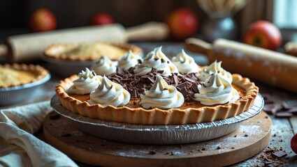 A recently baked pie topped with whipped cream and chocolate chips.