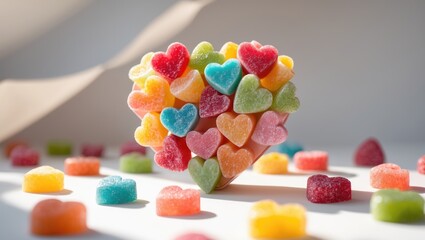 A heart-shaped fruit-based diet featuring fruit candies in the shape of hearts photographed against a background. Remarkable for its precision.