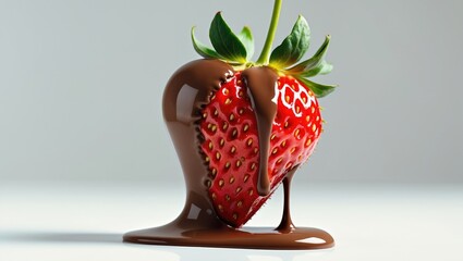 A heart-shaped strawberry coated in chocolate fondue, perfect for Valentine's Day.