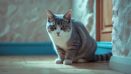 A fluffy gray and white cat with striking green eyes is peacefully resting on the soft floor, looking relaxed and content.