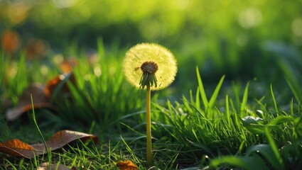 A close-up of a single bright yellow dandelion standing tall in a green meadow, emphasizing the delicate flower details and the fresh spring atmosphere