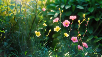 A green pea plant with pink flowers is located within the mustard field.
