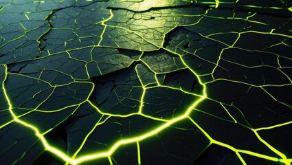 A high-resolution cracked surface featuring vivid neon green and yellow tones, producing a striking and futuristic abstract background suitable for digital design.